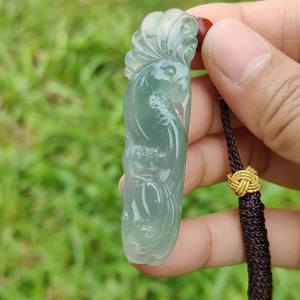 Semi Icy Good Translucency Green Natural Type A Jadeite Pendant Necklace crafted as the parrot symbols of Wise and brave heroic and mighty with certificate weigh 10.82 grams 57.8 * 16.3 * 7.1 mm (pendant24)