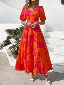 G72025 European and American Foreign Trade Cross-Border Womens Clothing Puff Sleeve Ruched Backless Printed Layered Short Sleeve Dress 7/7