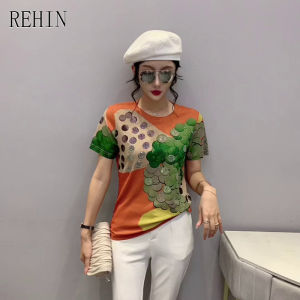 REHIN Womens top Fashion print with diamonds round neck short-sleeved T-shirt stretch trend blouse