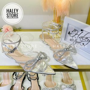 Giày nơ xoàn vip trắng HALEY STORE 5cm mũi nhọn quai đính nơ xoàn đá pha lê mũi nhọn công chúa tiểu thư đi tiệc đi chơi êm chân