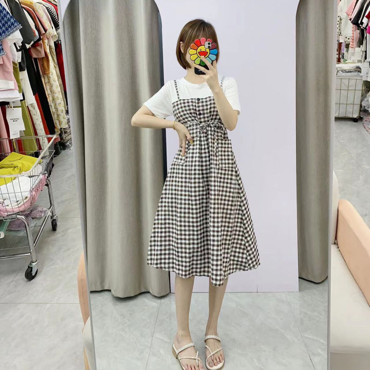 Summer Dress For Women Checkered/Plaid Casual Korean Lady Short