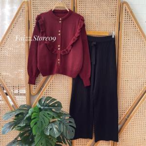 Oneset Rahayu Blous Rajut Motif Renda Setelan Celana Kulot Premium Lengan Panjang Kekinian