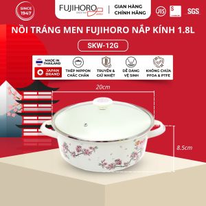 Nồi Thép Nippon Tráng Men Nhật Bản Cao Cấp FUJIHORO SKW-12G Hoa Văn Đào Tím Nắp Men Chính Hãng Loại 20cm/1.8L