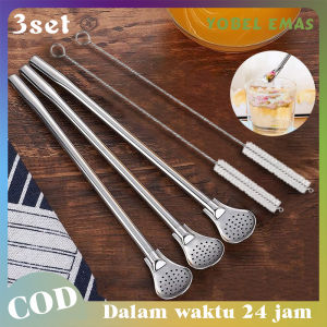 Sendok Sedotan Stainless Steel Food Grade 3 Set Sedotan Sendok Saringan 2 In 1 Spoon Straw