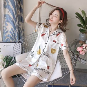 Foreign Trade Pajamas Womens Summer Ice Silk Thin Short Sleeve Open Lining Students Imitation Silk Can Be Outerwear Homewear Suit Summer ㏇L0514
