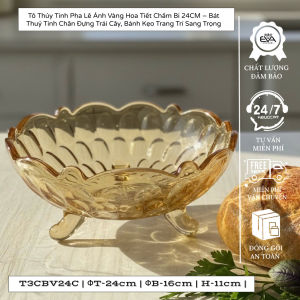 Khay Thủy Tinh Đựng Hoa Quả Họa Tiết Chấm Bi Ánh Kim - Tô Pha Lê Bi Vàng Trang Trí Phòng Khách Sang Trọng