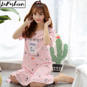 LuFashion Baju Tidur Wanita Summer Cotton Short Sleeve Cute Loose Night Dress for Women（With Chest Pad）