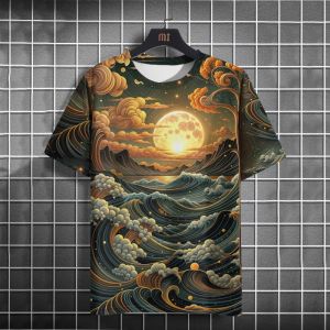 Moon Waves Pattern T-Shirt For Men Mountain Ocean 3D Printed T Shirts Fashion Round Neck Casual Short Sleeve Loose Tees Tops
