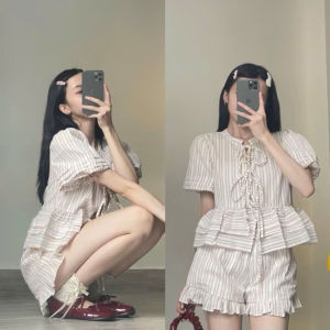 QC_Set tiểu thư xinh đồ mặc hè chất Linen sọc áo tay phồng form babydoll phối quần đùi lai Bèo