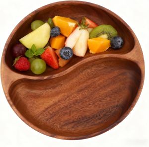 Tissting Wooden Tray Serving Bowl for Salad with Two Compartment Rustic Server for Foods Salads Fruits Bread Wooden Salad Bowl Entryway Key Catch Tray (Large Compartment Oval)