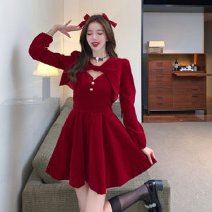[In Stock]Christmas Gold Velvet Red Dress Womens Autumn and Winter Red Festival Dress with Shawl Coat New Year Party Outfit Two-piece Dress