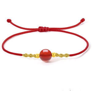 ZHOU LIU FU 周六福 24K Solid Gold Bracelets for Women Red Agate Bracelet Real Pure Gold Adjustable Bracelets