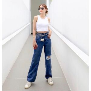 TRIVELA Celana Panjang Kulot Jeans Highwaist Sobek Long Bf Ishika Loose Jeans / Laurent Highwaist Loose Jeans