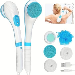 【Original 】Electric Shower Brush Body Brush with 5 Brush Heads - Long Handle Handheld Massage Brush for Back Cleaning Scrubbing And Bathing - Suitable for Daily Bathing Use Gift for Mom on MotherS Day