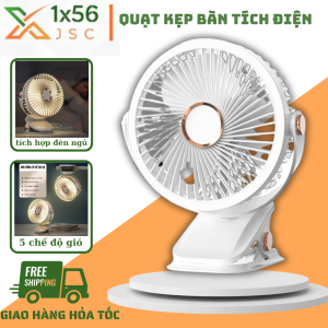 Quạt Tích Điện Mini Để Bàn Quạt Kẹp Bàn Kẹp Xe Đẩy Cho Bé Tích Hợp Đèn Ngủ Xoay 360 Độ 5 Chế Độ Gió Pin Sạc Tiện Lợi