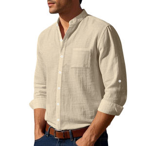 Mens Linen Mandarin Collar Shirt - Breathable Wrinkle-Free New Chinese Style with Pocket (Beige/Black/White S-XXXL) Wholesale