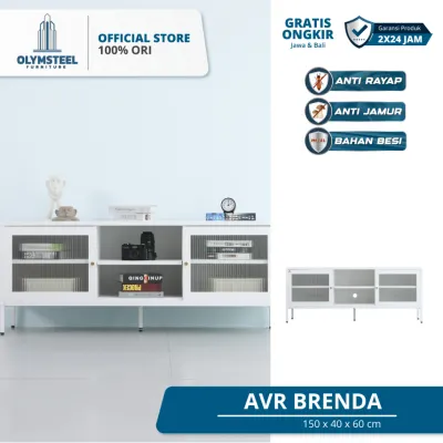 Olymsteel AVR BRENDA Meja TV Minimalis Modern Kaca Tempered / Kabinet TV Besi Premium Rak Storage