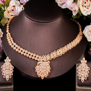 SEQUITO Noble Full Micro Cubic Zirconia Pave Large Leaf Flower Pendant Necklace Earrings Indian Bridal Wedding Jewelry Set SJ145
