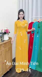 Áo Dài Lụa Mỹ Cao Cấp Họa Tiết Đính Kết Thủ Công Tỉ Mỉ - Mã C39-4 Màu Vàng