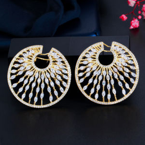 SEQUITO Designer Lady Jewelry White Gold Color Full Micro Pave Sparkling AAAAA Cubic Zirconia Fan Shape Hollow Round Big Prom Party Earrings Costume Accessories SE802