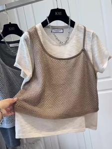 2026 Summer New Women Irregular Fake Two Piece Knit Vest Overlay Thin Short Sleeve T-shirt Fashion Unique Casual Tops2026