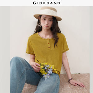 Giordano Women Embroidered rolled trim henley neck short sleeve tee Free Shipping 18326810
