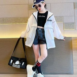 HF Quick drying Light Sunscreen Kid Coat Korean Style Fashion New Spring Soft Jacket Breathable Hooded Boy Girl Zipper Thin Jacket