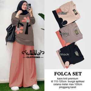 Setelan wanita remaja dewasa viral terbaru Folca set bahan kaos knit premium Ld110-120cm bunga aplikasi celana pinggang karet
