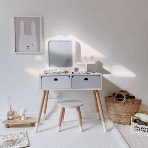 ANDERU White Vanity Dresser with Chair Minimalist Dressing Table for Kids Fashion Pretend Play