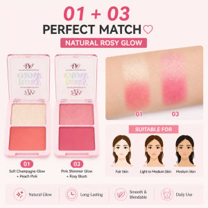 DW Rosy Glow Duo Blusher & Highlighter Palette Long Lasting Pigmented Natural Glow Face Makeup