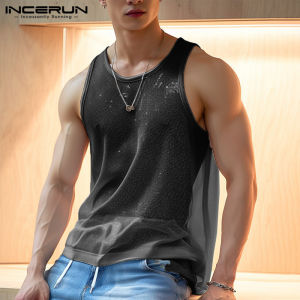 INCERUN Mens Sleeveless Sporty Sando Crew Neck Mesh Stylish Plain Vests Tops See Through Tanks (Korean Style)