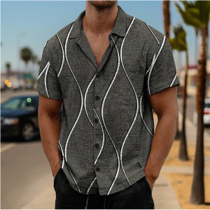 2026 Mens Shirt Line Print Blue Green Gray Outdoor Street Short Sleeve Lapel Clothing Fashion Designer Casual Soft Oversized