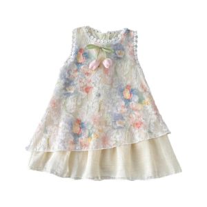 MAKERVY Summer Girls Dress Tulip Print A-Line Princess Outfit Trendy Cute Kids Dress for Ages 3-11