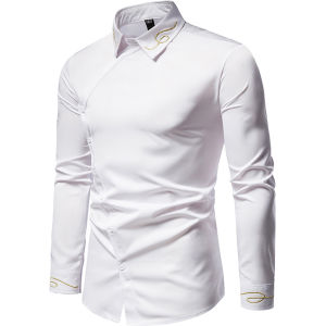 Áo sơ mi áo sơ mi nam dài tay thiết kế khuy chéo độc đáo kèm thêu hoa văn cổ áo tay tạo điểm nhấn cho chiếc áo N27