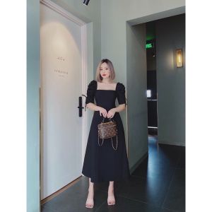 D11689 Square Neck Pull Sleeve Midi Dress
