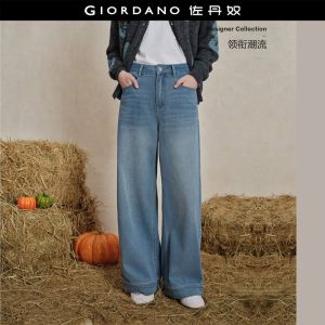 GIORDANO Women Jeans Moustache Effect Washed Denim Jeans High Waist Wide Leg Fashionable Casual Loose Denim Pants 18416515