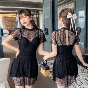 One-Piece Solid Swimsuit Skirt Women Suspender Backless Lace Fashion Conservative Beach Swimsuit