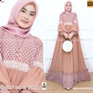 Gamis Lebaran 2025 Viral Bakhri LD 130 Size XXXL Motif Polkadot Bahan Ceruty Premum Busui FullFuring Gamis Syari