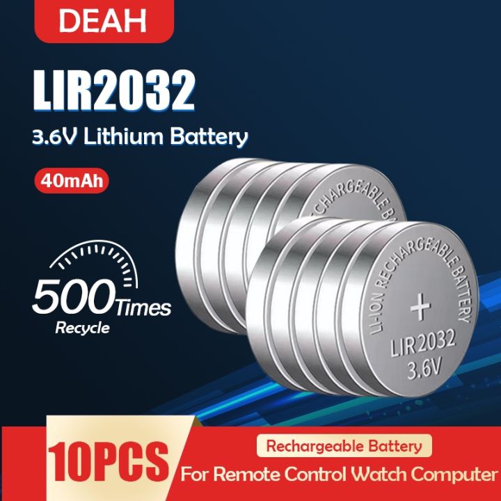 10ชิ้น LIR2032 LIR 2032 3.6V แบตเตอรี่ลิเธียมชาร์จได้สำหรับนาฬิการีโมท ...