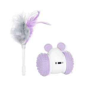 OOC USB Rechargeable Automatic Mouse Car Cat Toy 2 Play Mode Intelligent Obstacle Avoidance Infrared Cat Teasing Toy Moving Toy with Feathers and Bells Electric Racing Car Cat Toy Indoor Playing