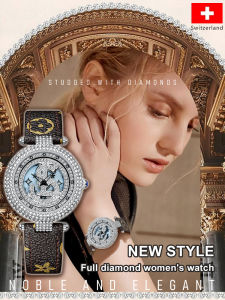 Quartz watch with diamonds 360° rotating round dial waterproof mechanical aging strap