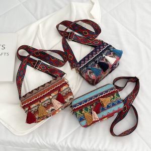 YIXINA Cổ điển Du lịch Di động Bohemian Túi Dệt Phong Cách Hàn Quốc Tua rua Túi Xách Vải In Túi vuông nhỏ Túi phong cách dân tộc Túi Đeo Vai Nữ Túi đeo chéo