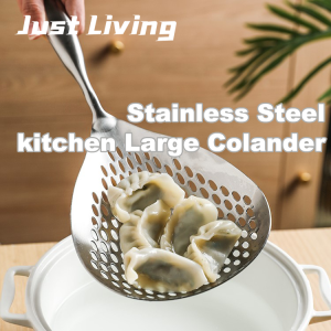 JustLiving Bộ lọc thực phẩm nhà bếp bằng thép không gỉ 304 Màn lọc thìa lớn có lỗ rò rỉ Màn hình lọc gia dụng Chiên dày Mì sợi có rãnh với bộ lọc tay cầm dài để chiên ngập dầu
