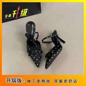 Free Shipping Thin-Heeled Bow-Adorned Open-Back Sandals 2026 Spring New Collection Sweet And Stylish Polka-Dot Pointed-Toe High Heels For Women