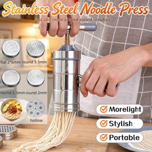 Stainless Steel Manual Noodle Maker Making Spaghetti Press Pasta with 5 Pressing Moulds Machine