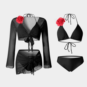 IEAGO Original Womens 4 Piece Bikini Sets Halter Neck Swimsuit 4in1 Ruffle Cute Swimwear Vintage Bathing Suit with Beachwear Cover up Long Sleeve