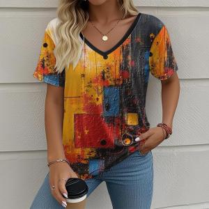 [Local Stock] ZEEMIN Oil Painting Architectural 3D Print T-shirt Women Streetwear Casual T Shirts Tops Woman Harajuku V-Neck Tees Oversized Clothing