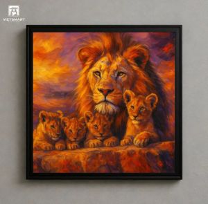 Tranh Nghệ thuật "Sư Tử Và Đàn Con" VIETSMART ART - Sơn dầu 70 x 80cm