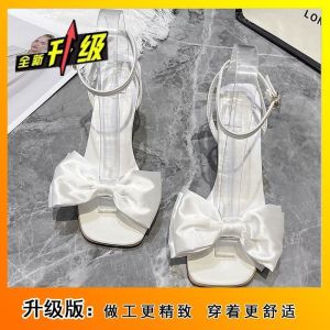 [Free Shipping] New Niche Bow High Heels Square Toe Open Toe Stiletto Heel Strappy Sandals