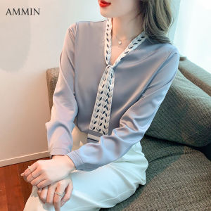 AMMIN 2022 Áo Voan Công Sở Cổ Chữ V Kiểu Pháp Thời Trang Phong Cách Phương Tây Mới Áo Kiểu Nữ Thanh Lịch Dài Tay Phong Cách Hàn Quốc Áo Ins Nữ